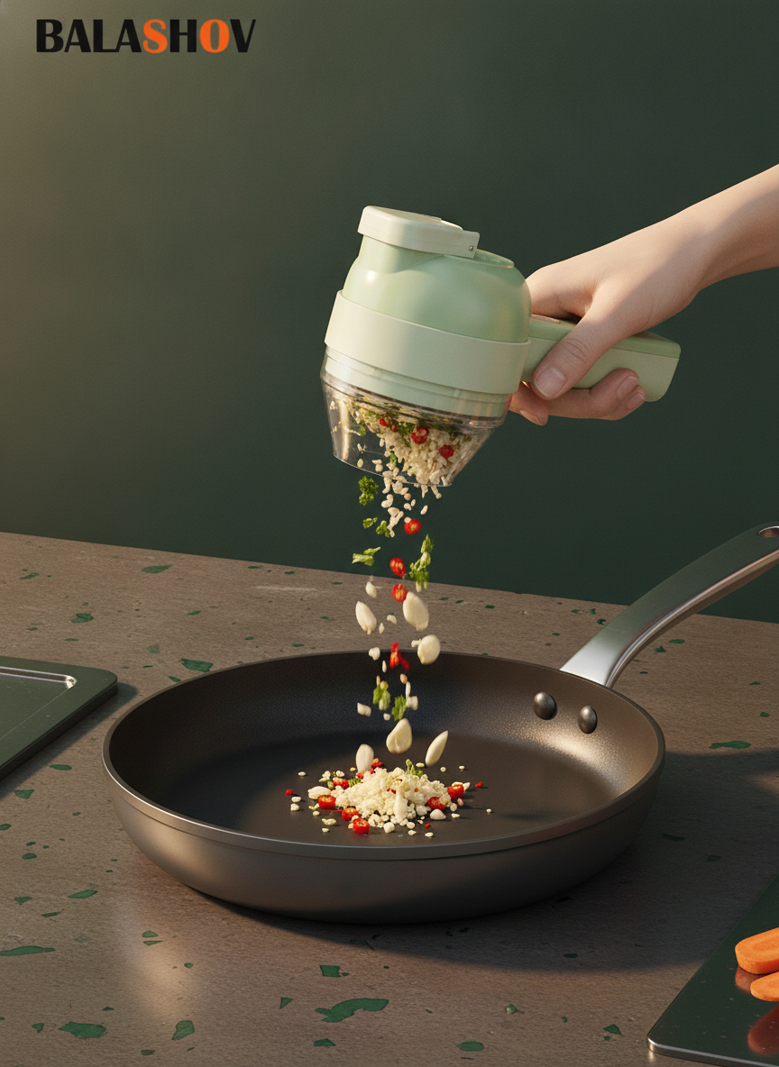 4-in-1 Electric Food Chopper Set directly mincing garlic into a dark frying pan on a modern kitchen counter.