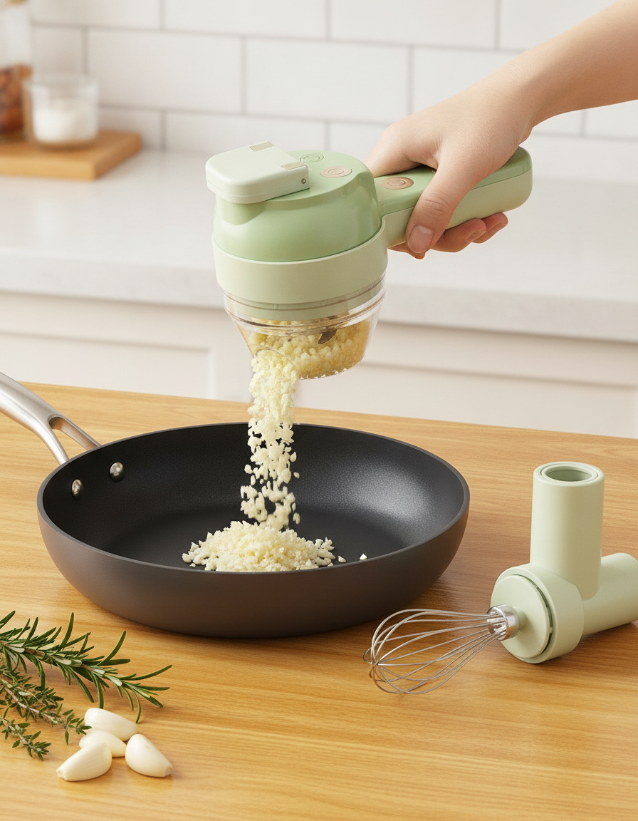 4-in-1 Electric Food Chopper Set mincing garlic directly into a dark cooking pan on a golden counter, showcasing uniform slic