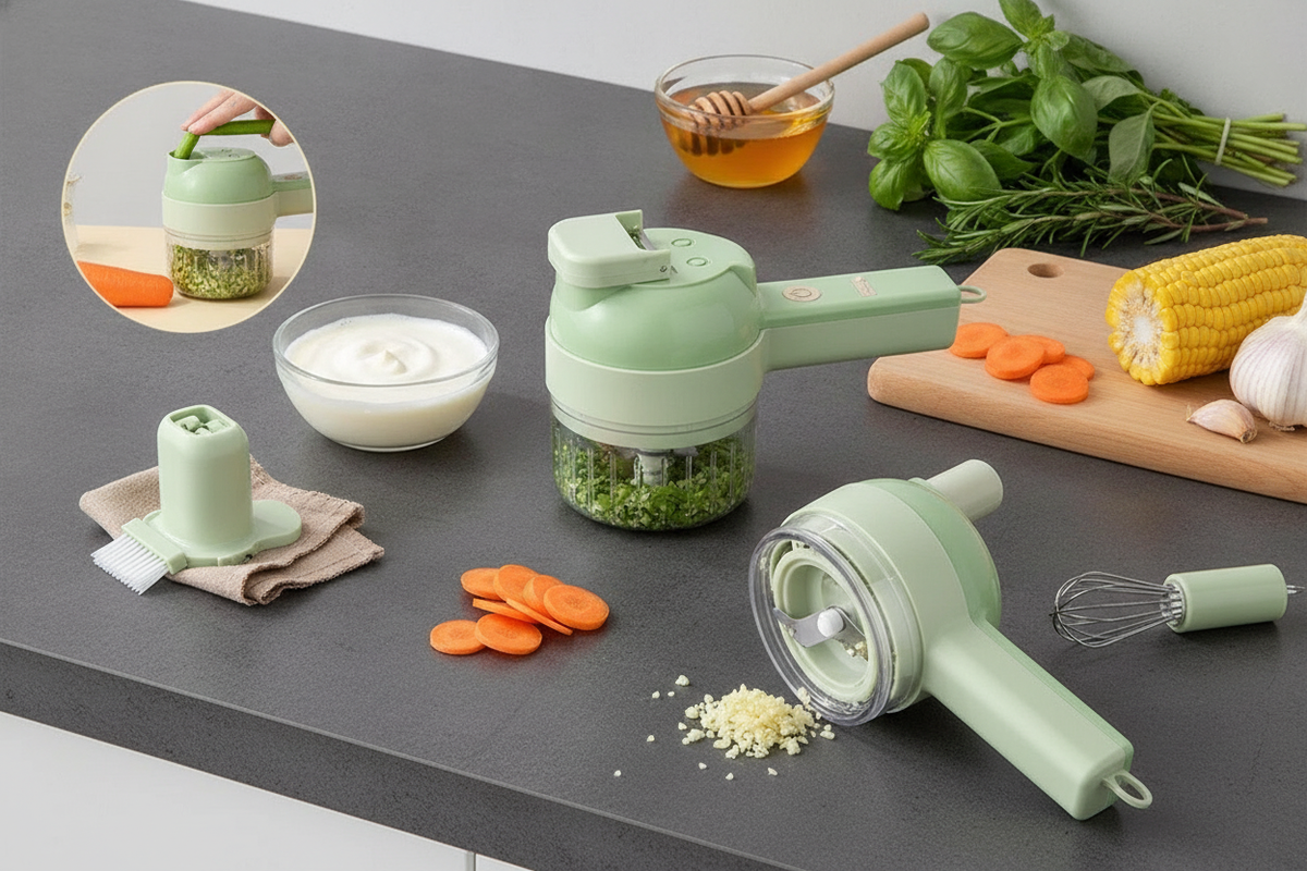 4-in-1 Electric Food Chopper Set with attachments on a charcoal gray kitchen counter, surrounded by golden honey and forest g